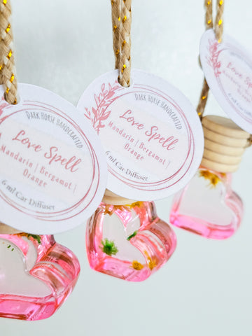 Floral Glass Car Diffuser - Love Spell, Heart shaped - Pink